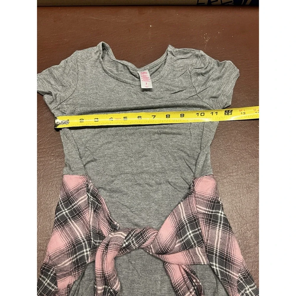 Justice Grey‎ w/ Faux Pink Black Flannel Shirt Tie Dress Sz. 7